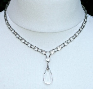 Art Deco  Silver Tone Necklace with Crystals and Teardrop Pendant